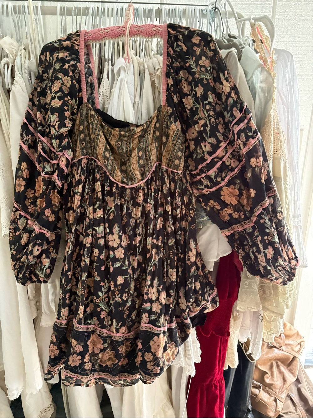 Free People Black Floral Peasant Tunic with Pink Trim 100% Cotton Small - Picture 6 of 9